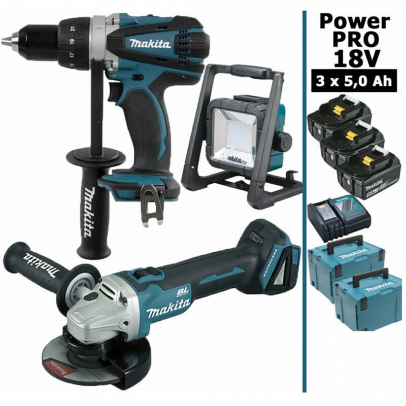 Makita - Pack Power pro 18V: Perceuse 91Nm DDF458 + Meuleuse 125mm DGA504 + Lampe de chantier led 750lm + 3 batt 5Ah + 2 Coffrets