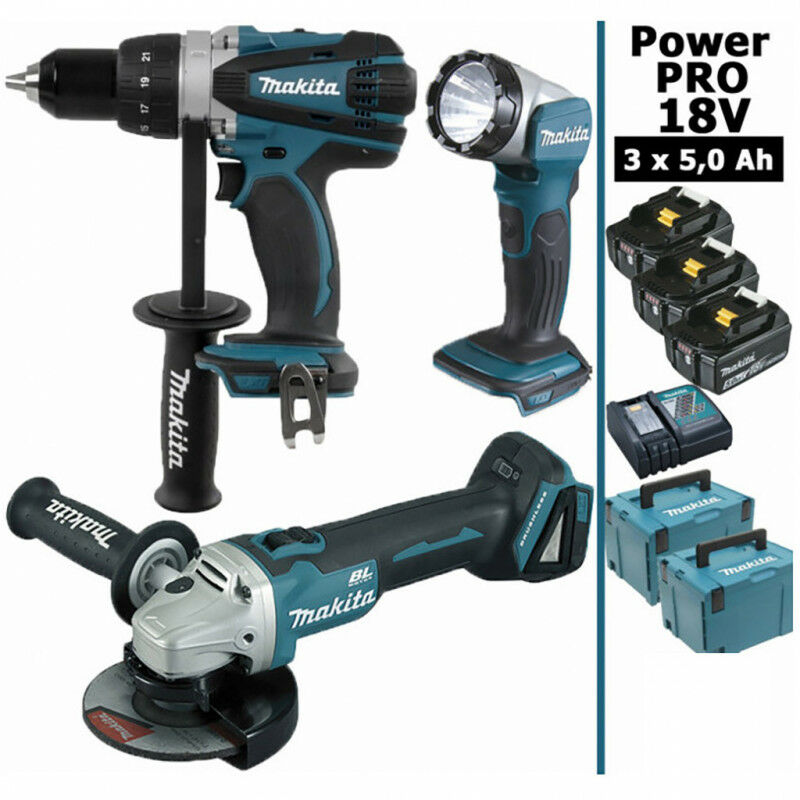Makita - Pack Power pro 18V: Perceuse 91Nm DDF458 + Meuleuse 125mm DGA504 + Lampe + 3 batt 5Ah + 2 Coffrets Makpac
