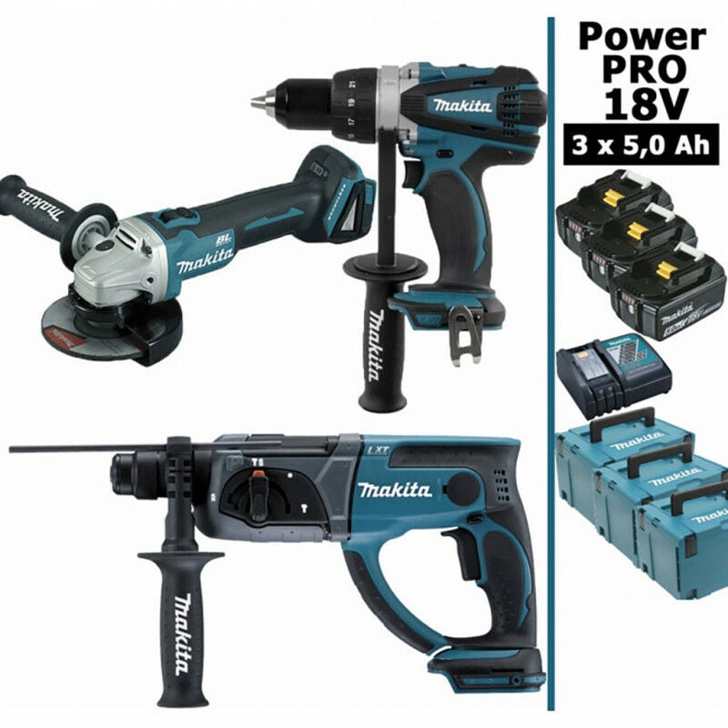 Makita - Pack Power pro 18V: Perceuse 91Nm DDF458 + Perfo 2J DHR202 + Meuleuse 125mm DGA504 + 3 batt 5Ah + 3 Coffrets Makpac