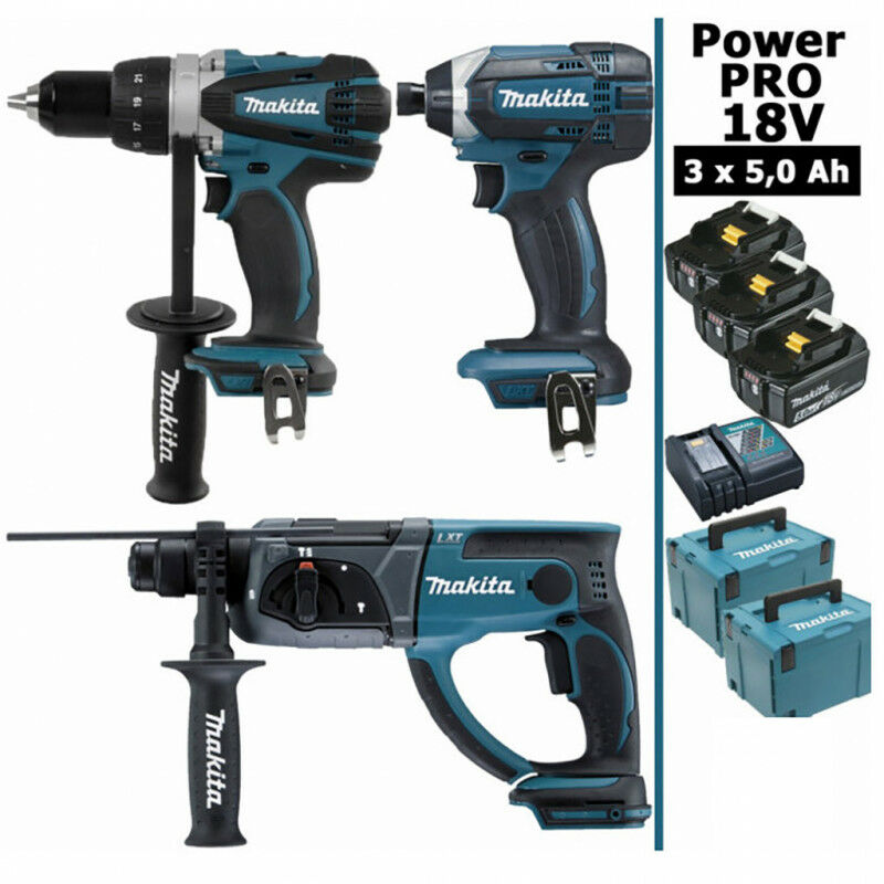 Makita - Pack Power pro 18V: Perceuse 91Nm DDF458 + Perfo 2J DHR202 + Visseuse à chocs 165Nm DTD152 + 3 batt 5Ah + 2 Coffrets