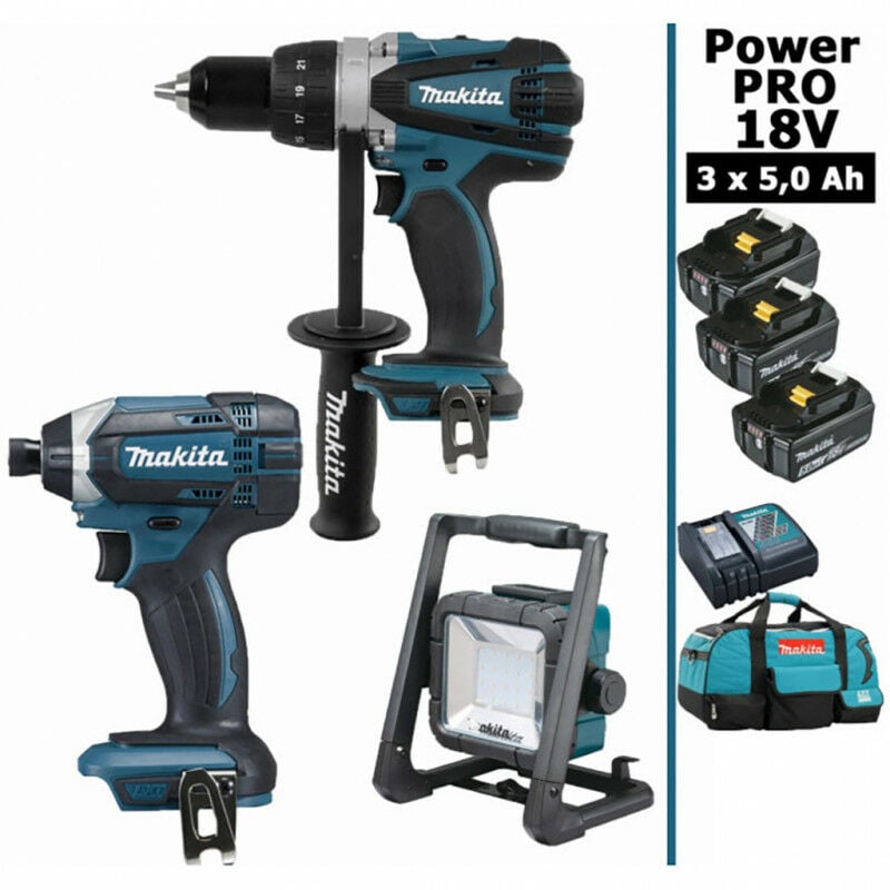 Makita - Pack Power pro 18V: Perceuse 91Nm DDF458 + Visseuse à chocs 165Nm DTD152 + Lampe de chantier led 750lm + 3 batt 5Ah + sac