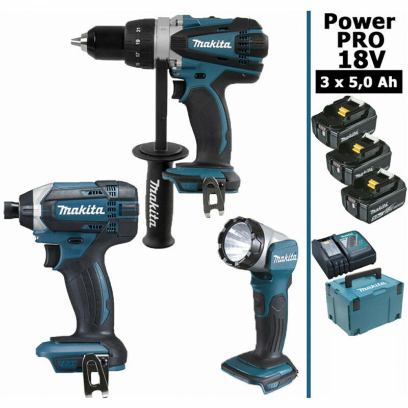 Makita - Pack Power pro 18V: Perceuse 91Nm DDF458 + Visseuse à chocs 165Nm DTD152 + Lampe Torche led 180lm DEADML802 + 3 batt 5Ah