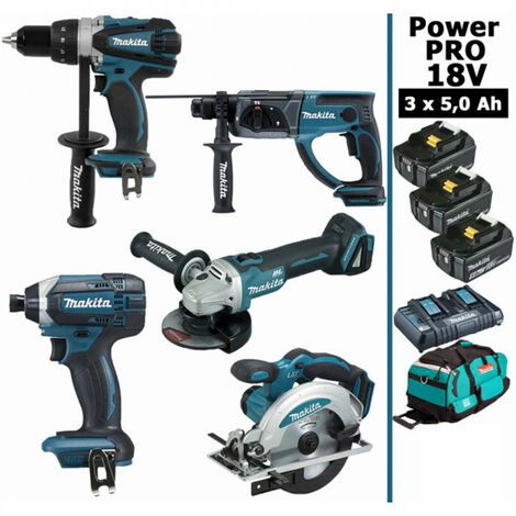 Pack Power PRO 5 outils 18V: Perceuse DDF458 + Perfo DHR202 + Meuleuse DGA504 + Visseuse à chocs DTD152 + Scie circulaire DSS610 + 3 batt 5Ah + sac MAKITA