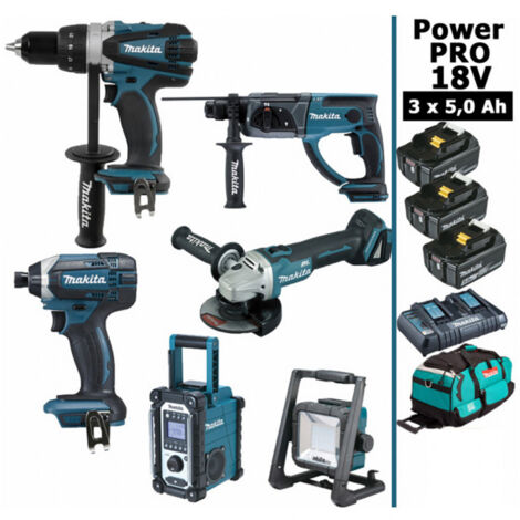 Pack Power PRO 6 outils 18V: DDF458 + DTD152 + DGA504 + DHR202 + DMR108 + Projecteur + 3 batt 5Ah + sac