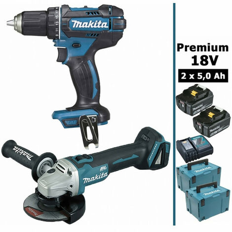 Pack premium 18V 5Ah: Perceuse 62Nm DDF482 + Meuleuse 125mm DGA504 + 2 batteries + 2 MakPac MAK28730RTJ MAKITA