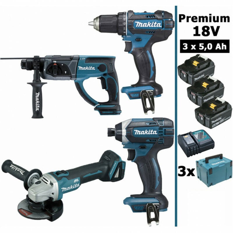 Makita - Pack Premium 18V 5Ah: DDF482 + DGA504 + DHR202 + DTD152 + 3 batt + 3 MakPac
