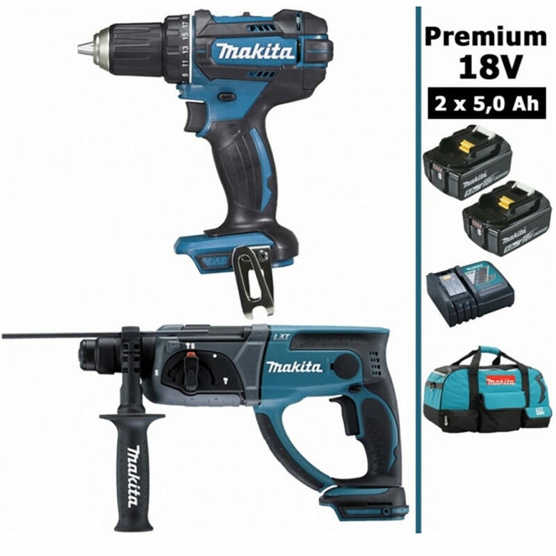 Makita - Pack Premium 18V 5Ah: Perceuse 62Nm DDF482 + Perforateur 2J DHR202 + 2 batteries + sac MAK2220RTX