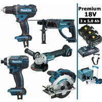 Pack Premium 5 machines 18V 5Ah: Perceuse DDF482 + Meuleuse DGA504 + Perforateur DHR202 + Visseuse à chocs DTD152 + Scie circulaire DSS610 + 3 batteries + 4 MakPac + chariot MAK5312PT3JD MAKITA
