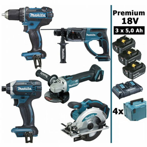 Pack Premium 5 machines 18V 5Ah: Perceuse DDF482 + Meuleuse DGA504 + Perforateur DHR202 + Visseuse à chocs DTD152 + Scie circulaire DSS610 + 3 batteries + 4 MakPac MAK5312PT3J MAKITA