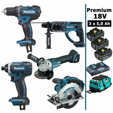Pack Premium 5 machines 18V 5Ah: Perceuse DDF482 + Meuleuse DGA504 + Perforateur DHR202 + Visseuse à chocs DTD152 + Scie circulaire DSS610 + 3 batteries + sac MAK5312PT3X MAKITA