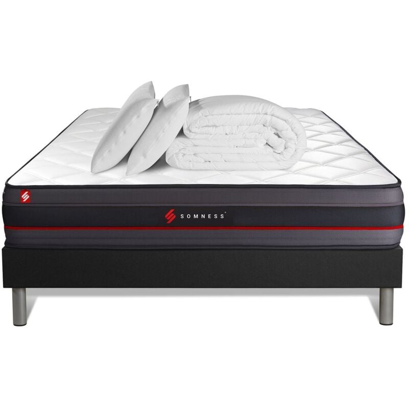 Somness - Ensemble matelas sommier Regen 180 x 200 cm - Couleur : Noir avec 2 oreillers et couette