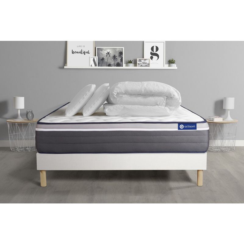 Ensemble matelas sommier Actimemo plus 160 x 200 cm 2 oreillers et couette Mémoire de forme - Couleur : Blanc