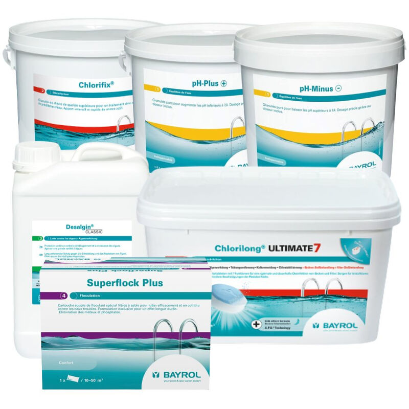 Pack produits Bayrol Piscine 6 produits : 7 fonctions 4,8kg, Choc 5kg, pH plus 5kg, pH minus 6kg, Anti-algues 3L, Floculant x8