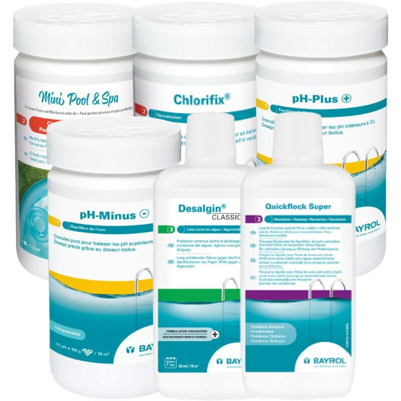 Pack produits Bayrol Piscine hors-sol : 5 fonctions 1kg, Choc 1kg, pH plus 1kg, pH minus 1,5kg, Anti-algues 1L, Floculation 1L