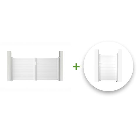 Pack puerta batiente 3m blanco EIGER 300 x 140 cm + puerta peatonal EIGER 100 x 140 cm