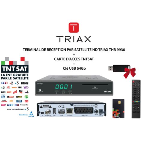 Pack Récepteur Décodeur Terminal de Réception Satellite HD TRIAX THR 9930 + Carte d’Accès TNTSAT + Clé USB 64Go