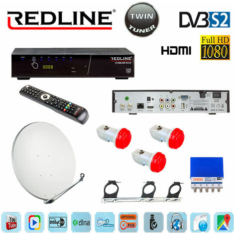 PACK RECEPTEUR DOUBLE TUNER + COMMUTATEUR DISEQC + 3 LNB + PARABOLE 1M + SUPPORT X 3 LNB