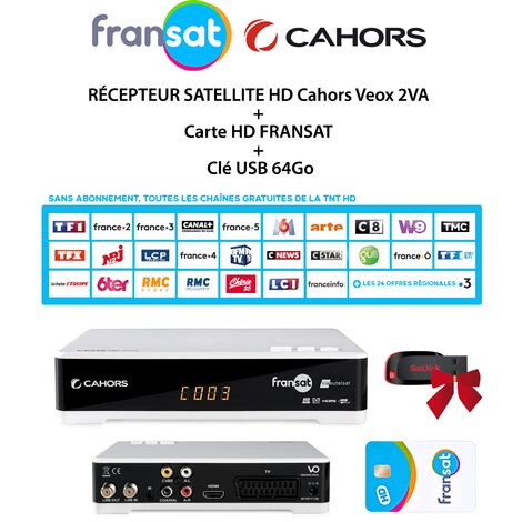 Pack RÉCEPTEUR SATELLITE HD Cahors Veox 2VA + Carte HD FRANSAT + Clé USB 64Go