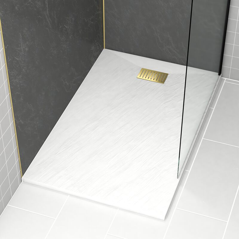 Pack Receveur Blanc Effet Pierre 90x140 cm et Grille décor Linéaire Or Doré Brossé