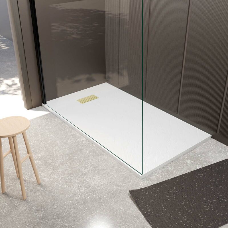 Pack Receveur Blanc Effet Pierre 80x140 cm et Grille décor Perforée Or Doré Brossé