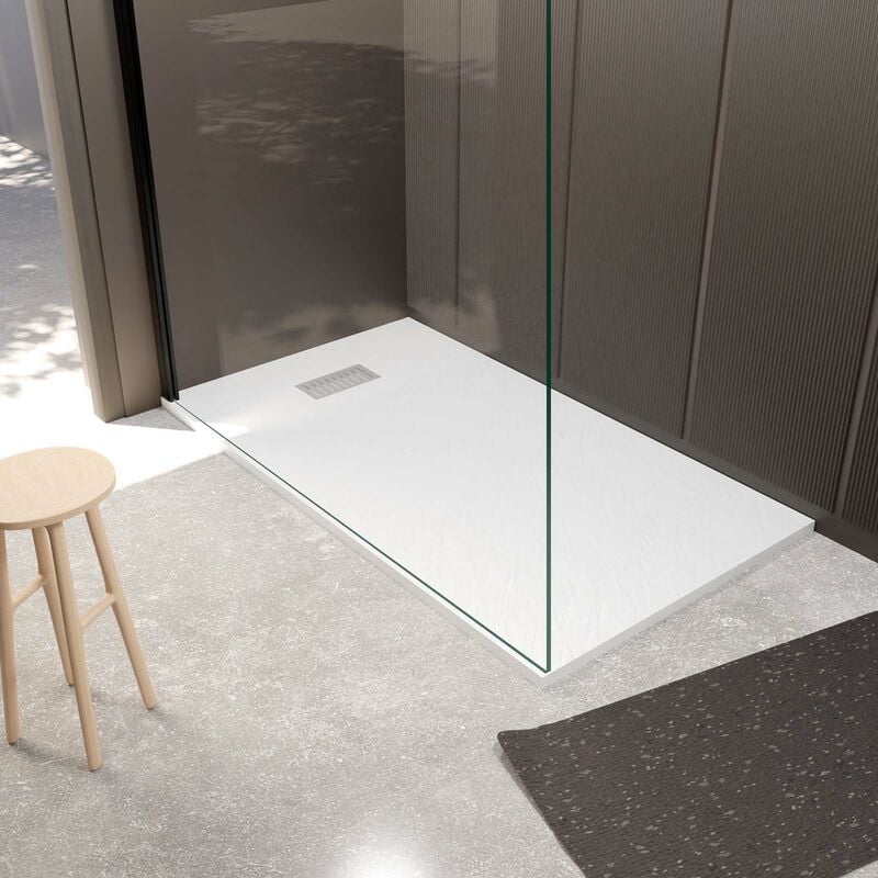 Aurlane - Pack Receveur Blanc Effet Pierre 80x140 cm et Grille décor Linéaire en Inox