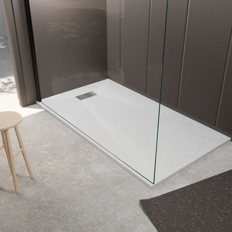 Pack Receveur Blanc Effet Pierre 90x160 cm et Grille décor Perforée en Inox