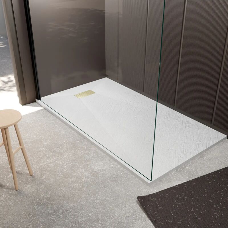 Pack Receveur Blanc Effet Pierre 90x160 cm et Grille décor Perforée Or Doré Brossé