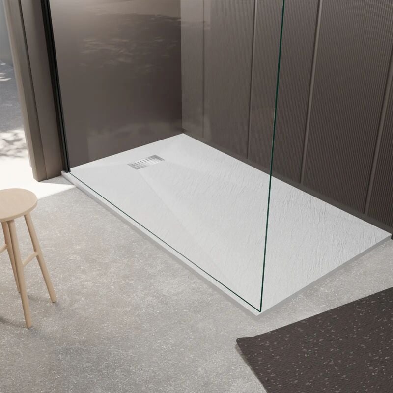 Pack Receveur Blanc Effet Pierre 90x160 cm et Grille décor Linéaire en Inox