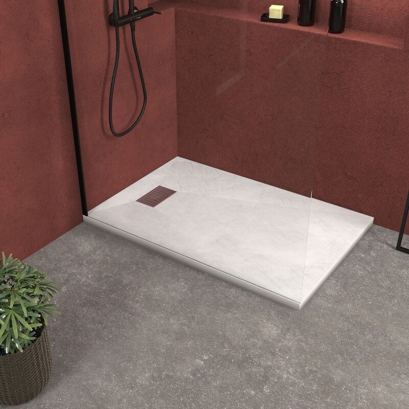 Pack Receveur Blanc Effet Pierre 90x140 cm et Grille décor Linéaire en Inox