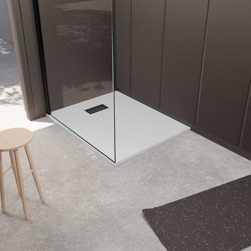 Pack Receveur Blanc Effet Pierre 90x120 cm et Grille décor Linéaire Noire Mate