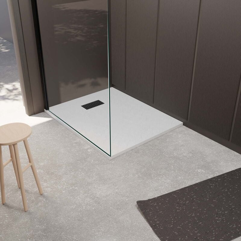 Pack Receveur Blanc Effet Pierre 80x100 cm et Grille décor Perforée Noire Mate