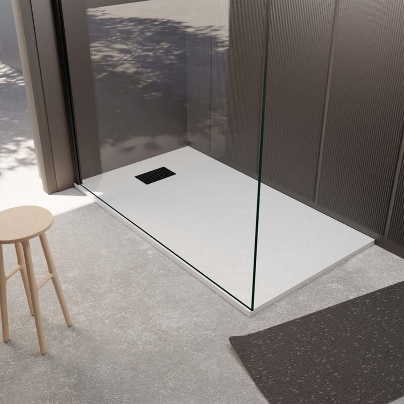 Pack Receveur Blanc Effet Pierre 90x140 cm et Grille décor Perforée Noire Mate