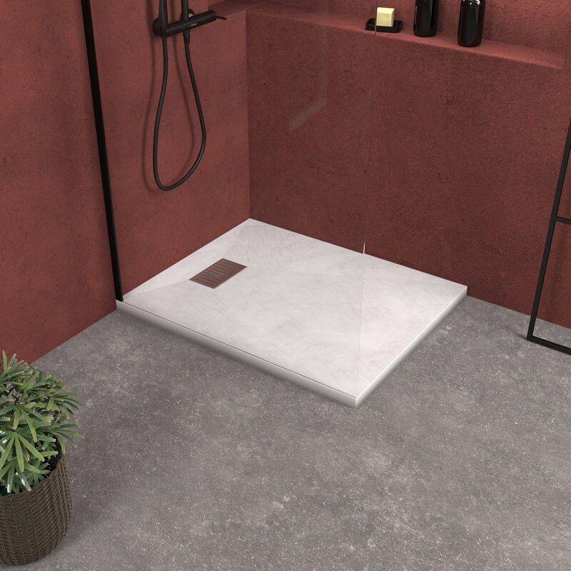 Pack Receveur Blanc Effet Pierre 80x100 cm et Grille décor Linéaire en Inox