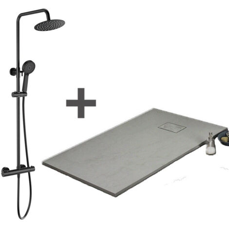 Pack Receveur de douche 80 x 120 cm extra plat gris + Colonne de douche thermostatique