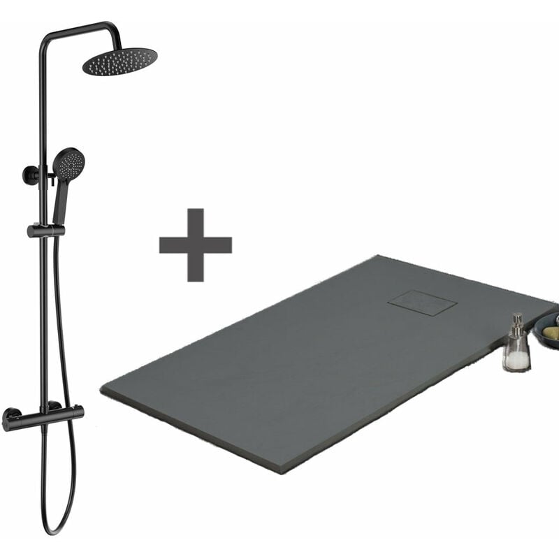 Pack Receveur de douche 90 x 160 cm extra plat gris basalte + Colonne de douche thermostatique noir mat