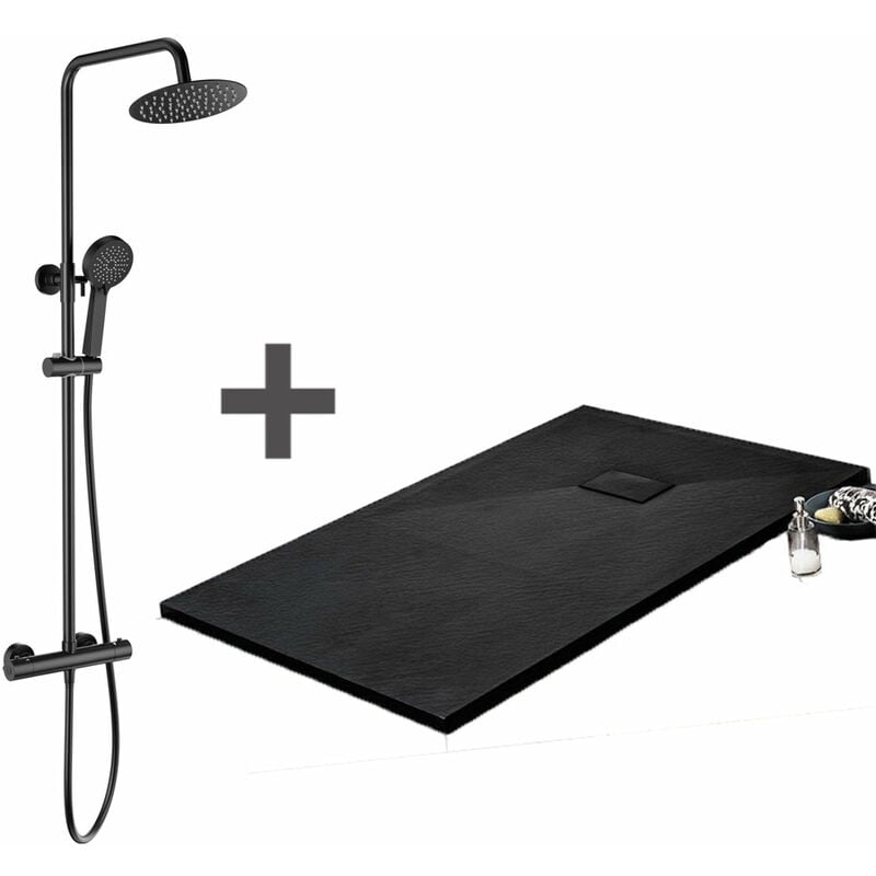 Stano. - Pack Receveur de douche 90 x 180 cm extra plat noir + Colonne de douche thermostatique noir mat