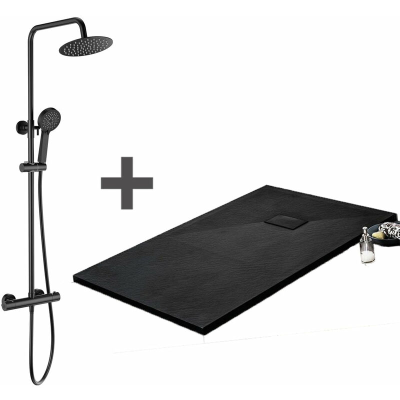 Pack Receveur de douche 80 x 170 cm extra plat noir + Colonne de douche thermostatique noir mat
