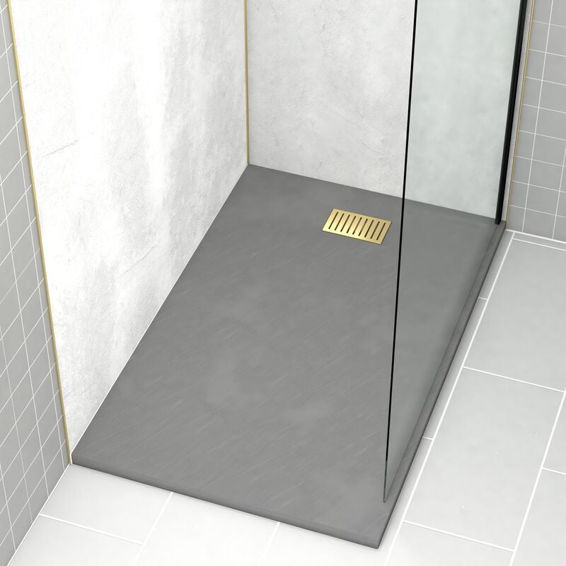 Pack Receveur Gris Effet Pierre 90x140 cm et Grille décor Linéaire Or Doré Brossé