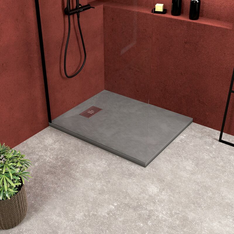 Pack Receveur Gris Effet Pierre 80x100 cm et Grille décor Linéaire en Inox