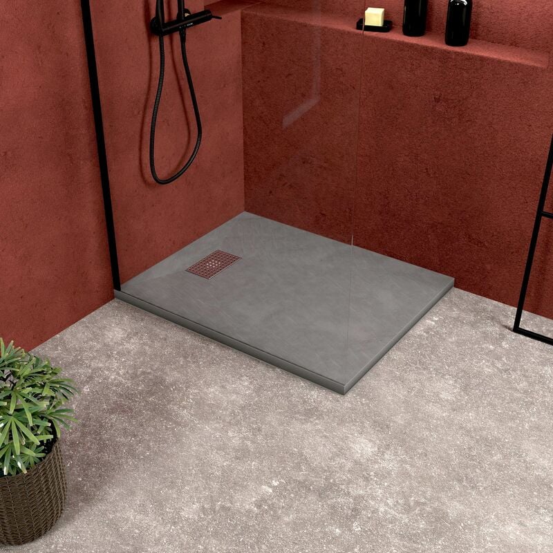 Pack Receveur Gris Effet Pierre 80x100 cm et Grille décor Perforée en Inox