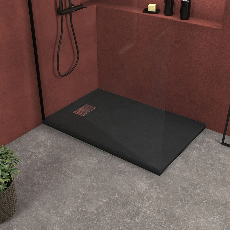 Pack Receveur Noir Effet Pierre 90x140 cm et Grille décor Linéaire en Inox