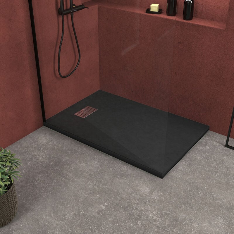 Aurlane - Pack Receveur Noir Effet Pierre 80x120 cm et Grille décor Linéaire en Inox