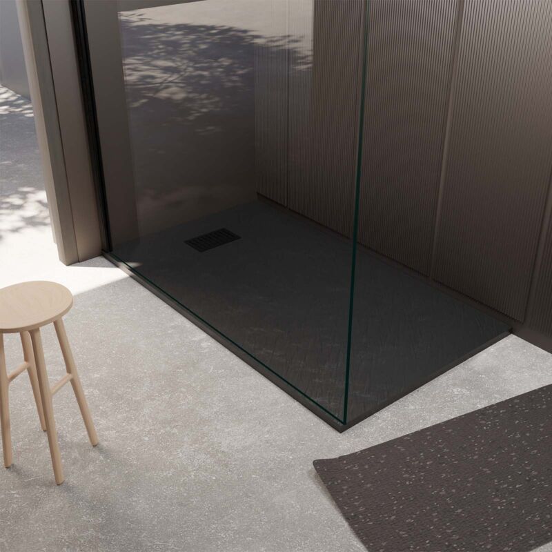 Pack Receveur Noir Effet Pierre 90x140 cm et Grille décor Linéaire Noire Mate