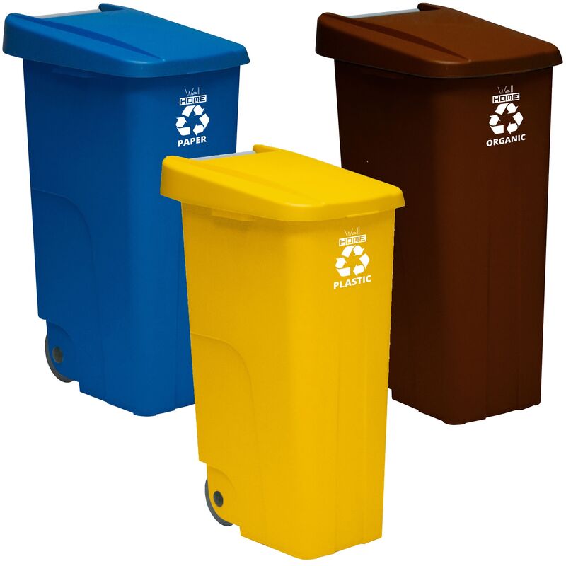 

Pack reciclaje Contenedor Wellhome Reciclo 110 litros cerrado c/u: 330 litros totales, en 3 contenedores, en colores azul/amarillo/marrón