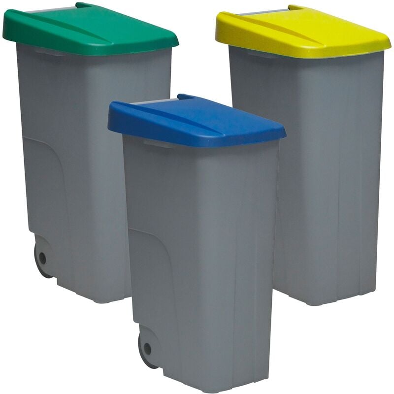 

Pack reciclaje Contenedor Reciclo 110 litros cerrado c/u: 330 litros totales, en 3 contenedores, en colores azul/verde/amarillo