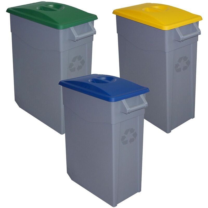 

Pack reciclaje Contenedor Zeus: 3 contenedores cerrado de 65 litros, colores. Capacidad total: 195 litros.