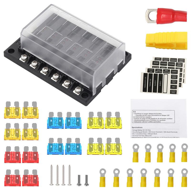 LIFCAUSAL Bloc de Fusibles 12 Voies Étanche avec Borne Négative et Indicateur LED Boîtier 12V Universel pour Véhicules/Camping-Cars/Bateaux