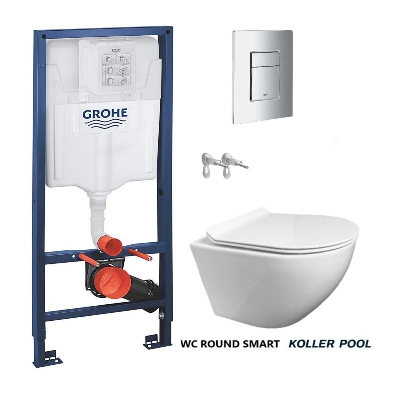 Pack réservoir Encastrable Bati-Support Grohe et plaque chrome brillant avec wc suspendu round blanc 49 Abattant fin