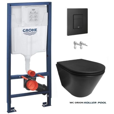 Pack réservoir Encastrable Bati-Support GROHE et plaque noir mat avec WC suspendu Rimless ORION noir mat par Koller Pool