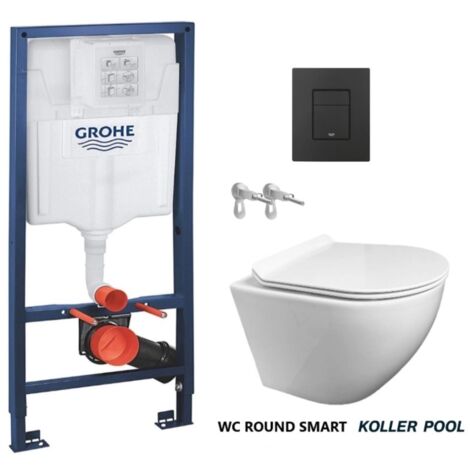 Pack réservoir encastrable GROHE Bati-Support et plaque noir mat avec WC suspendu ROUND blanc 49 Abattant fin
